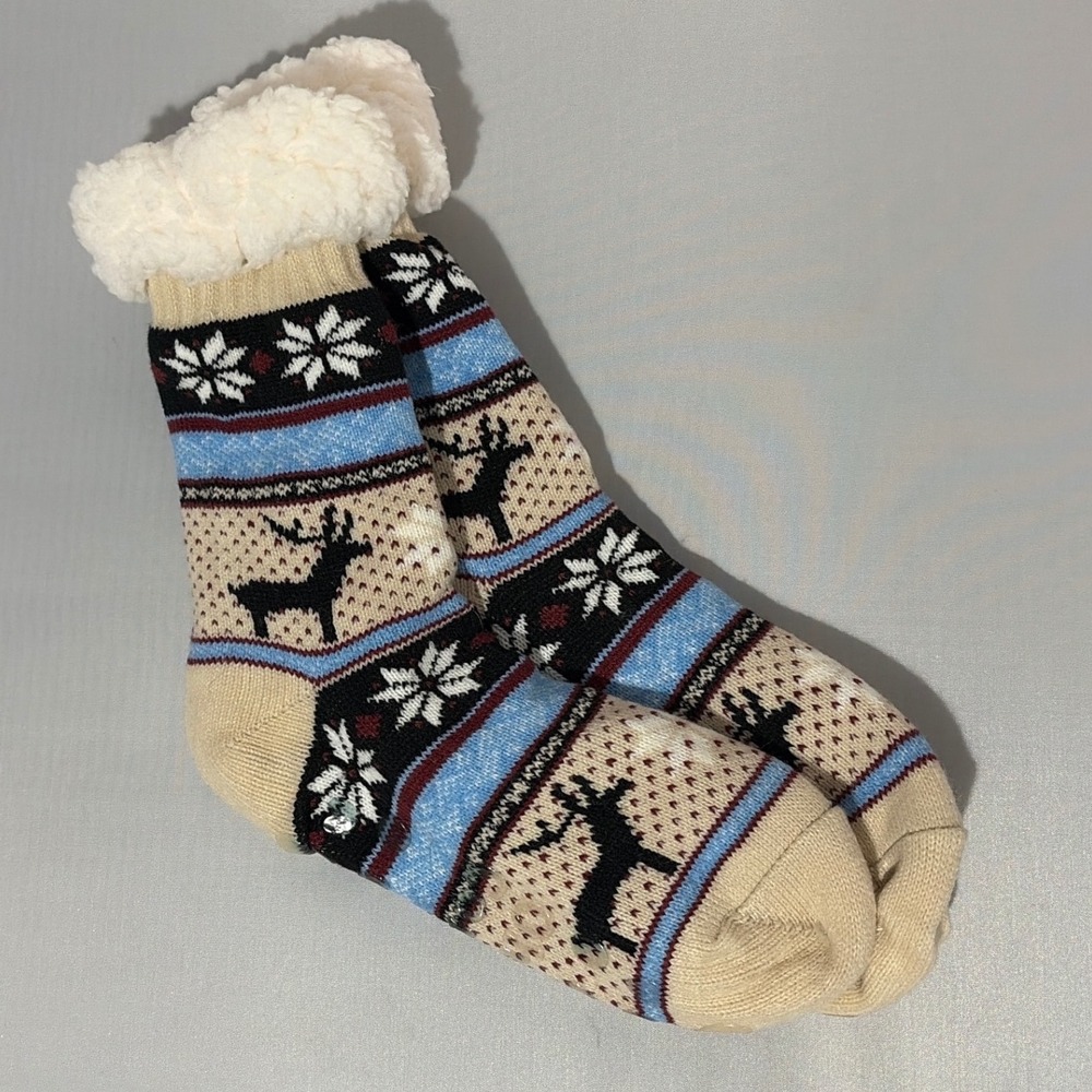 Fair Isle Reindeer Slipper Socks Faux Shearling Lined Non-Slip Grippers Tan Blue